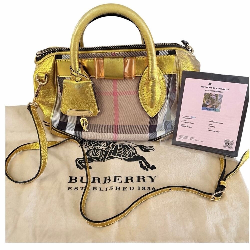 Burberry Prorsum Metallic Gold House Check Leather Bowling Bag w/ Lock & Key COA